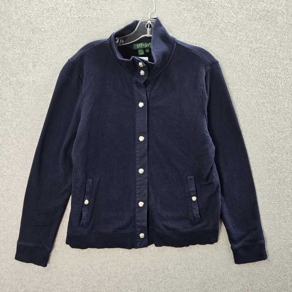 Lauren Ralph‎ Lauren Women Sweater Large Blue Cardigan Pockets Mock Neck